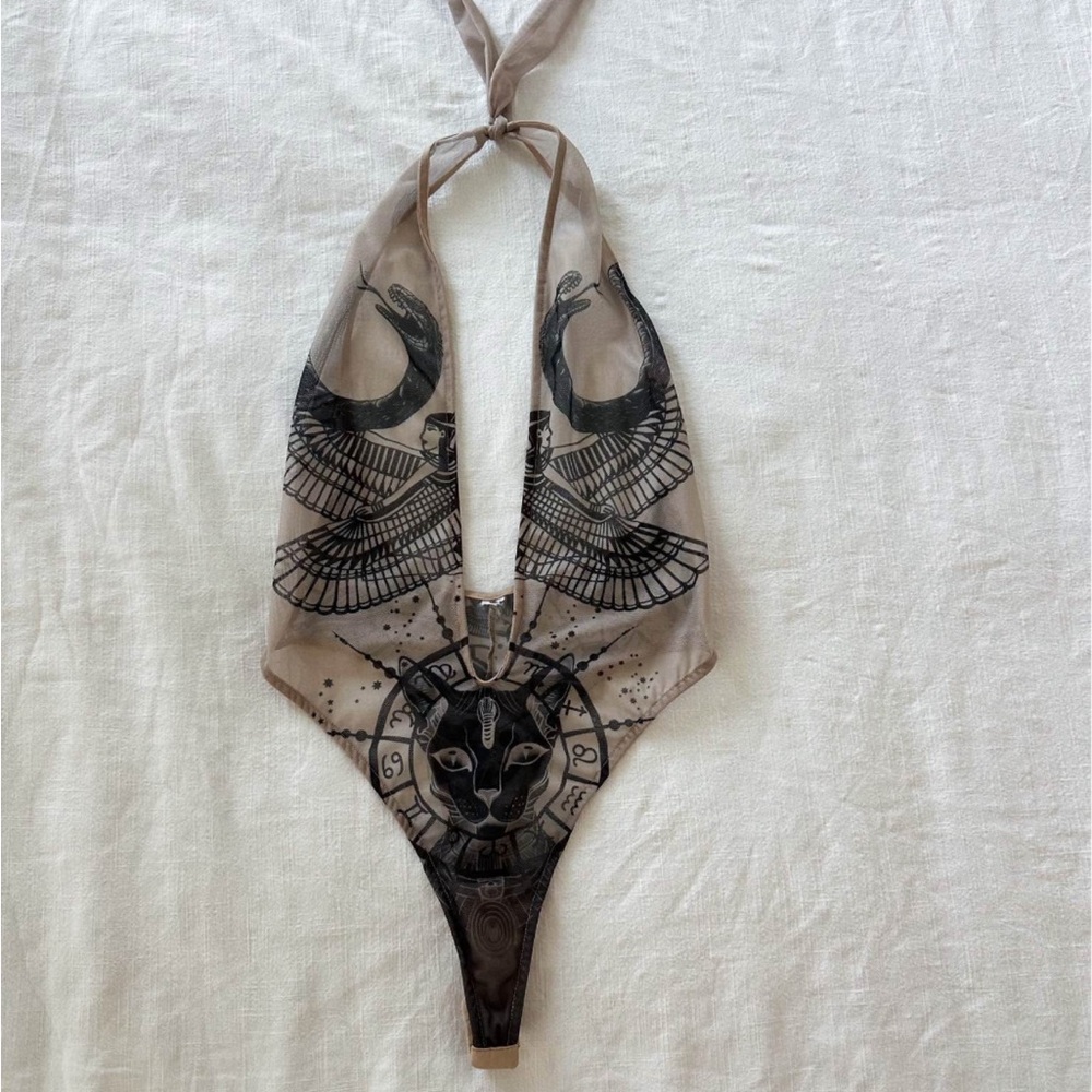 Beige Sheer Halter Bodysuit with Black Egyptian Motif